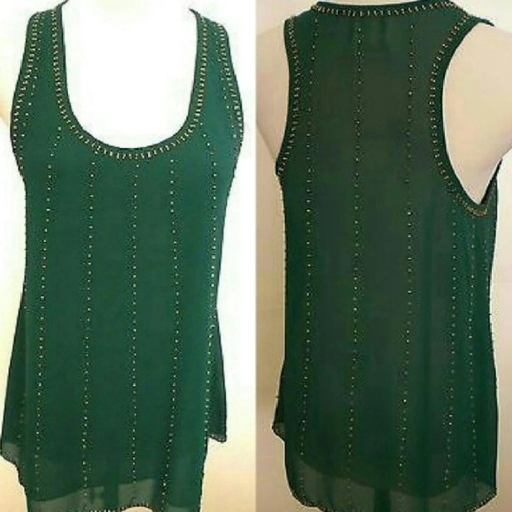 Racerback Tunic Top Gold Beaded  SLEEVELESS EMERALD GREEN SMALL WOMENS Small